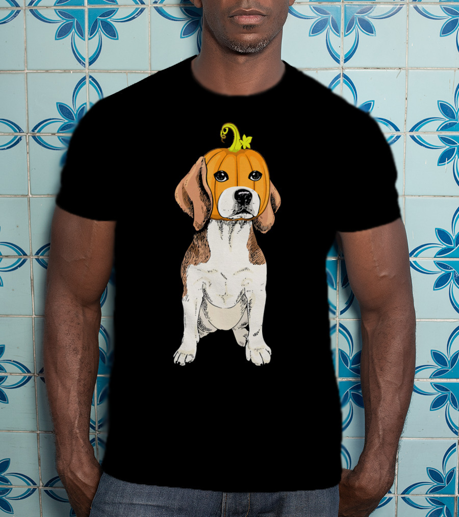 Beagle Wearing Pumpkin Face Funny Halloween Costume T-Shirt