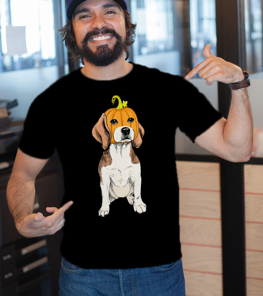 Beagle Wearing Pumpkin Face Funny Halloween Costume T-Shirt