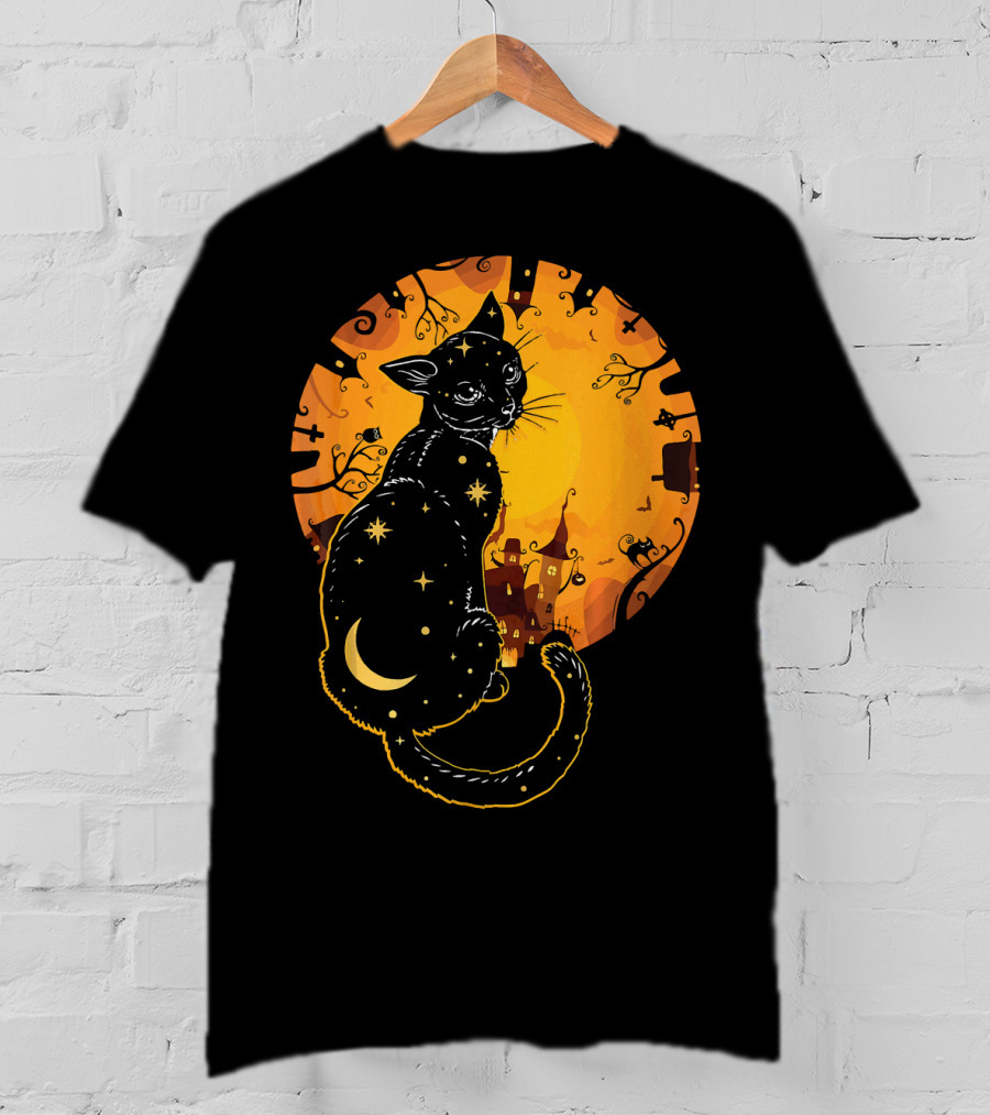 Halloween Black Cat With Stars And Moon In Haunted Landscape T-Shirt