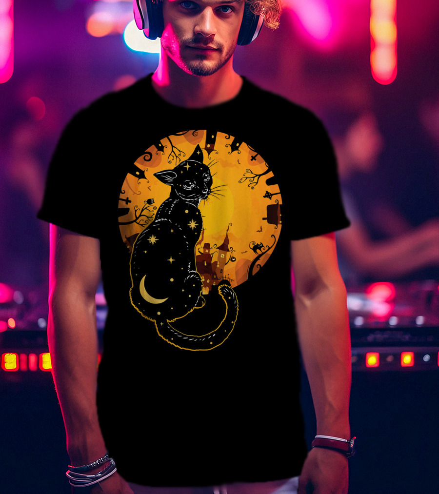 Halloween Black Cat With Stars And Moon In Haunted Landscape T-Shirt