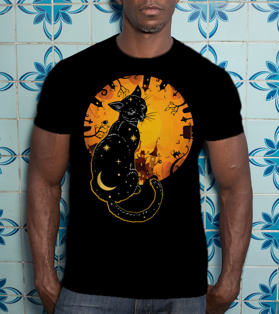 Halloween Black Cat With Stars And Moon In Haunted Landscape T-Shirt