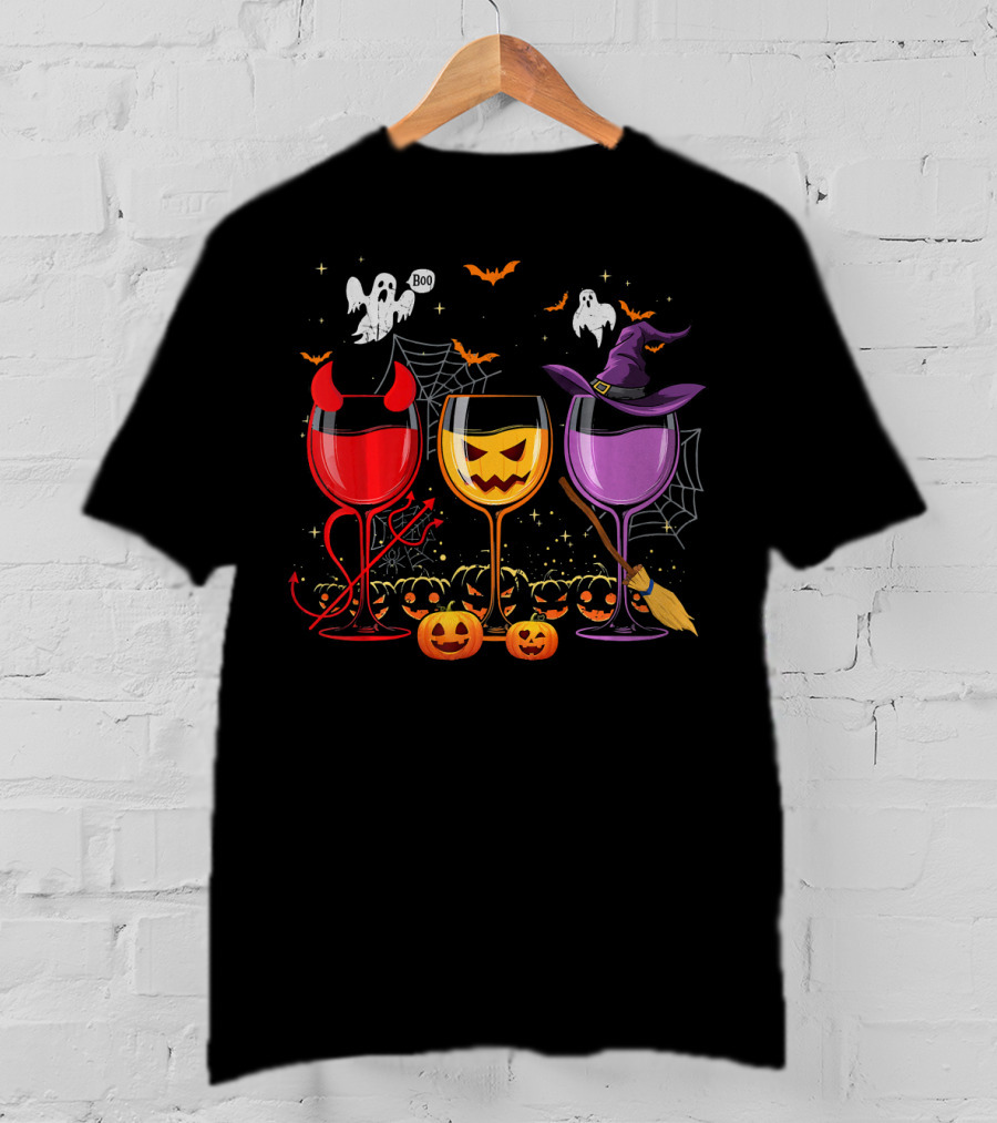 Three Glasses Of Wine Halloween Ghosts Pumpkins Bats Witches Devil T-Shirt