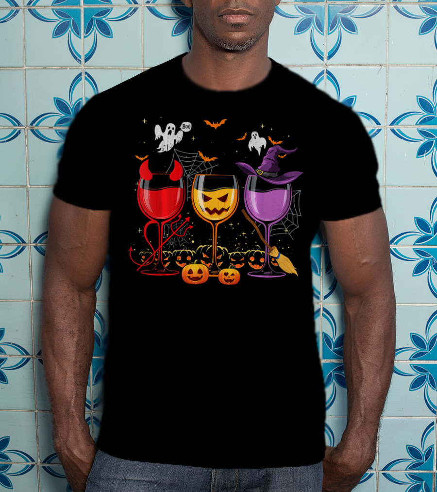 Three Glasses Of Wine Halloween Ghosts Pumpkins Bats Witches Devil T-Shirt
