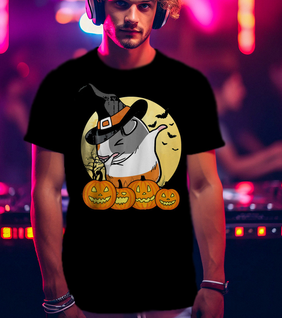 Witch Hat Dabbing Guinea Pig Halloween Pumpkins And Bats Moon Dance T-Shirt