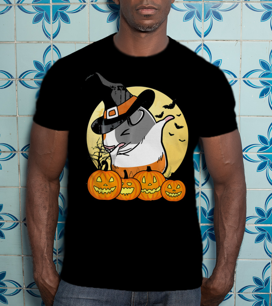 Witch Hat Dabbing Guinea Pig Halloween Pumpkins And Bats Moon Dance T-Shirt