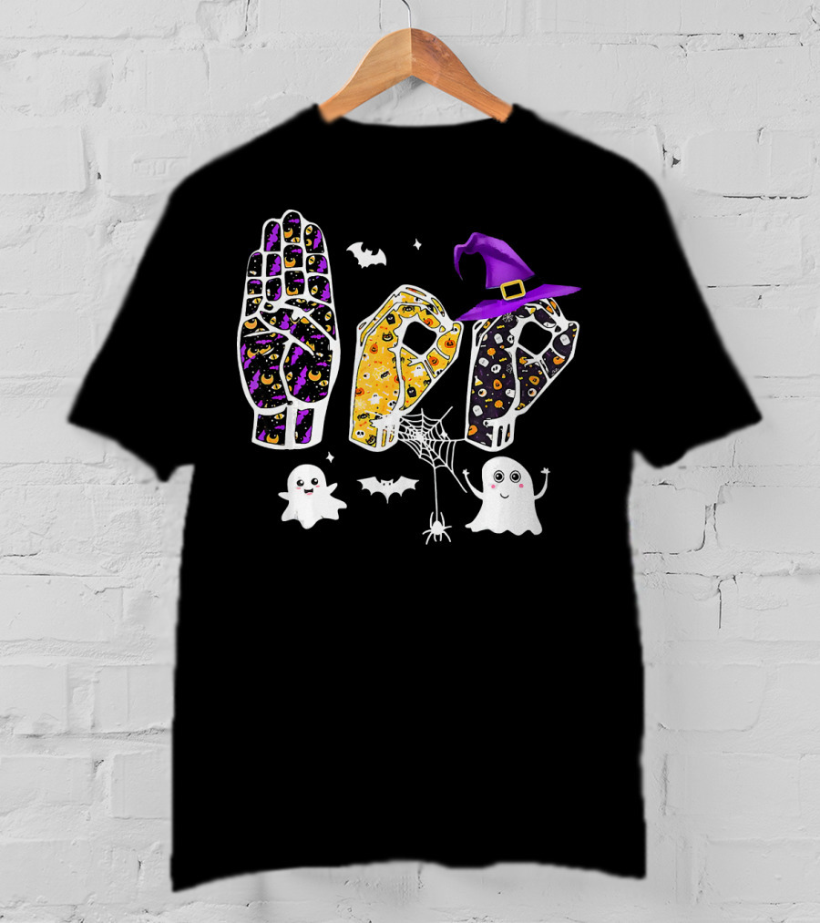 Pride ASL Boo Halloween Costume Sign Language Ghosts Bats Spider Webs Hat T-Shirt