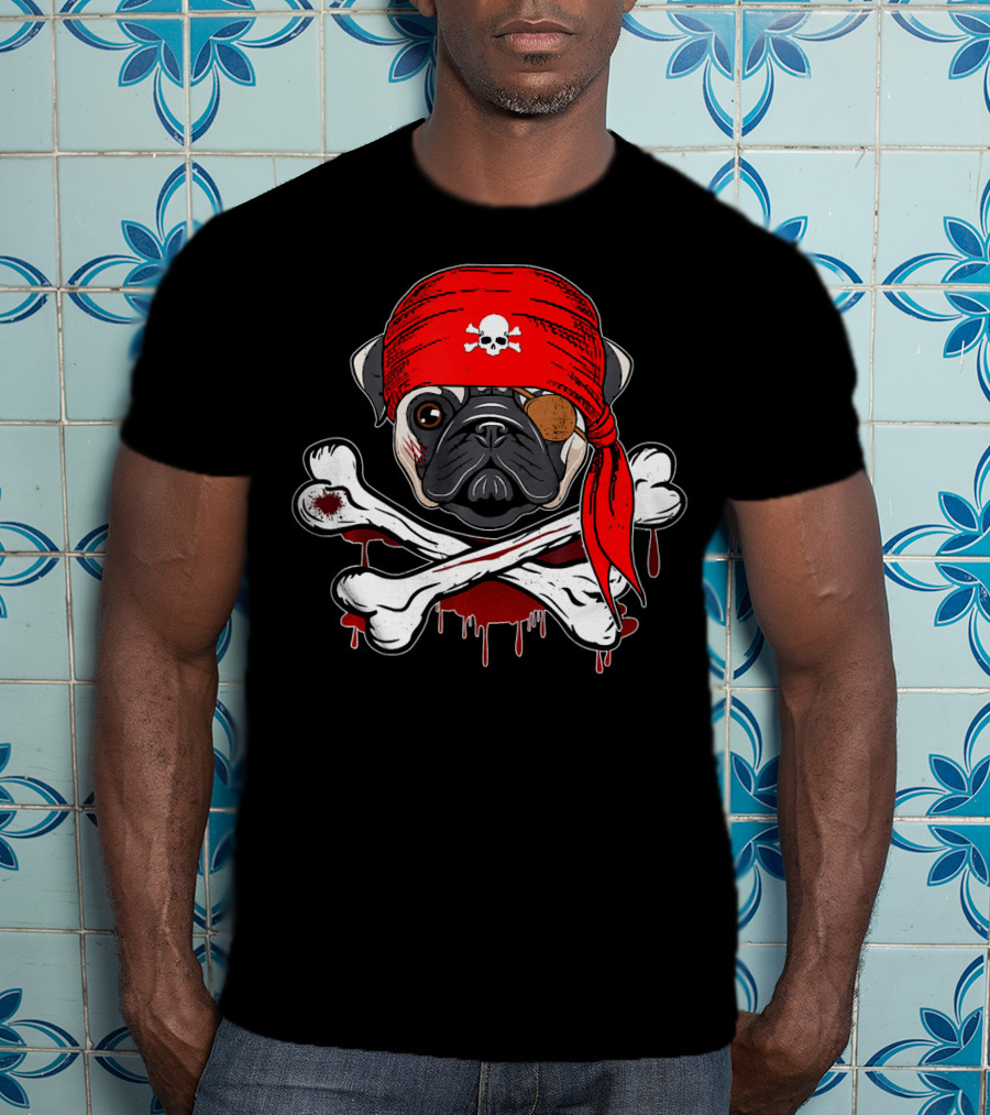Funny Pirate Pug Dog With Skull Bandana And Crossbones T-Shirt