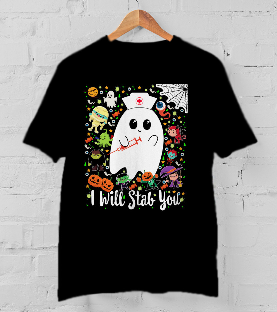 I Will Stab You Funny Halloween Ghost Nurse With Syringe Surrounded By Monsters Pumpkins And Web T-Shirt