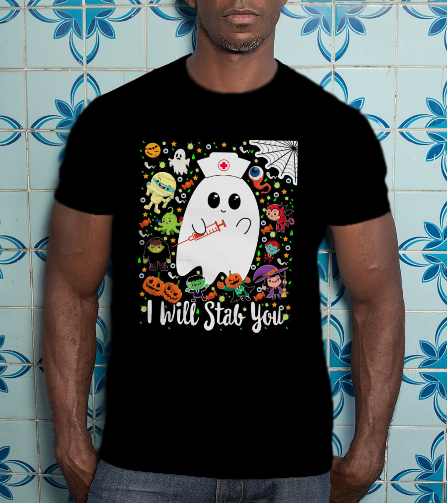 I Will Stab You Funny Halloween Ghost Nurse With Syringe Surrounded By Monsters Pumpkins And Web T-Shirt