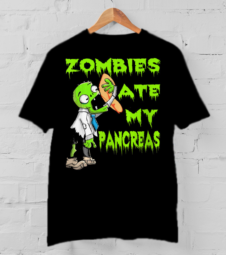 Zombies Ate My Pancreas Diabetes Awareness Cartoon Zombie Holding Organ T-Shirt