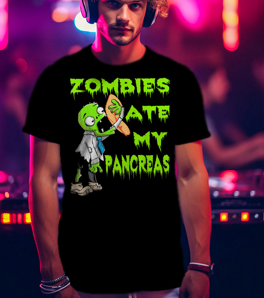 Zombies Ate My Pancreas Diabetes Awareness Cartoon Zombie Holding Organ T-Shirt