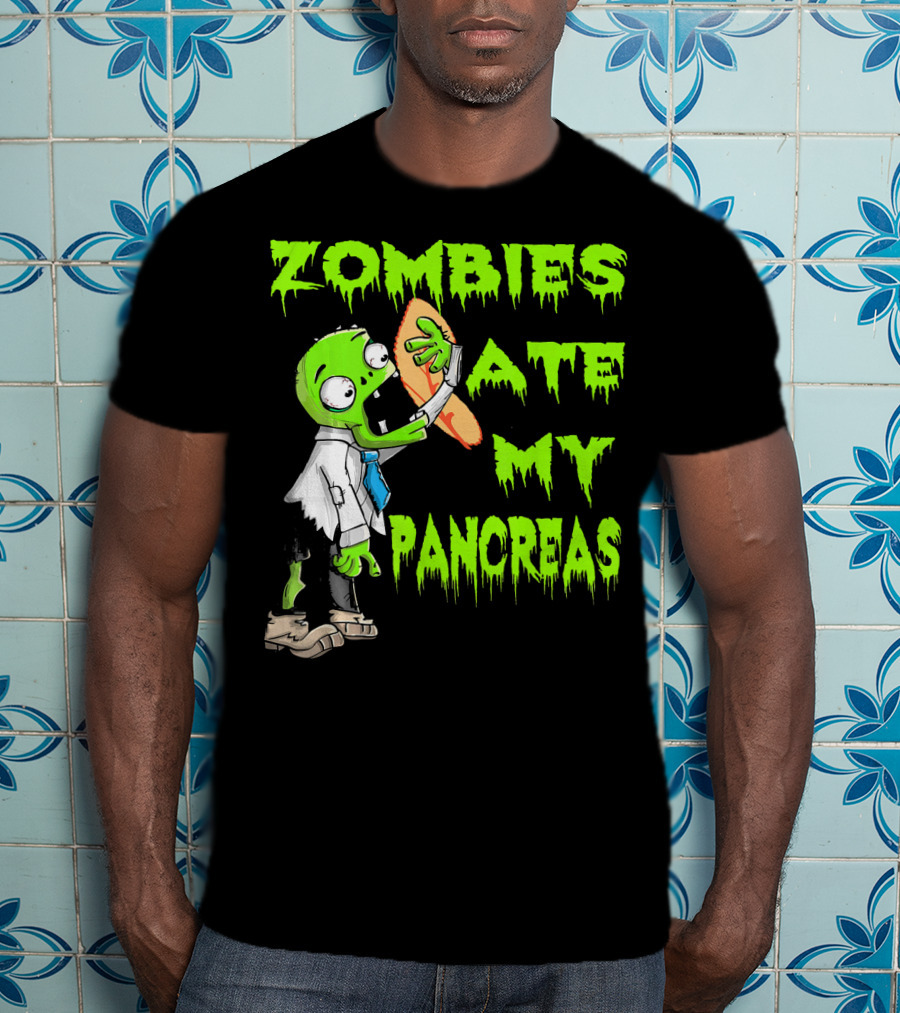 Zombies Ate My Pancreas Diabetes Awareness Cartoon Zombie Holding Organ T-Shirt