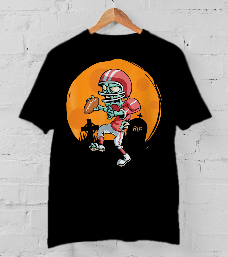 Zombie Football Player Halloween Graveyard Scene T-Shirt