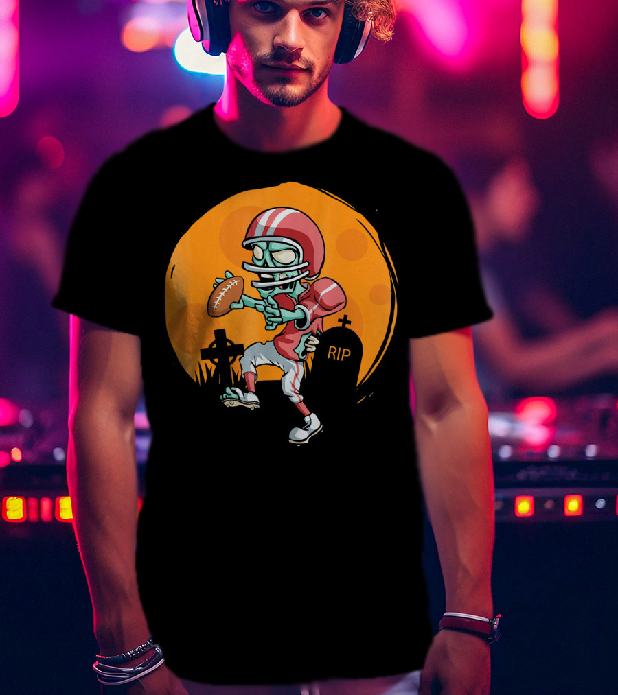 Zombie Football Player Halloween Graveyard Scene T-Shirt