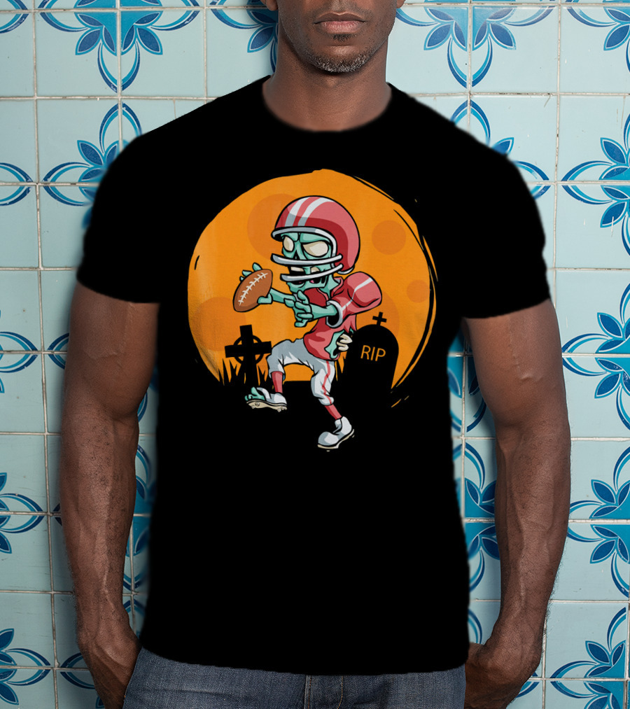 Zombie Football Player Halloween Graveyard Scene T-Shirt
