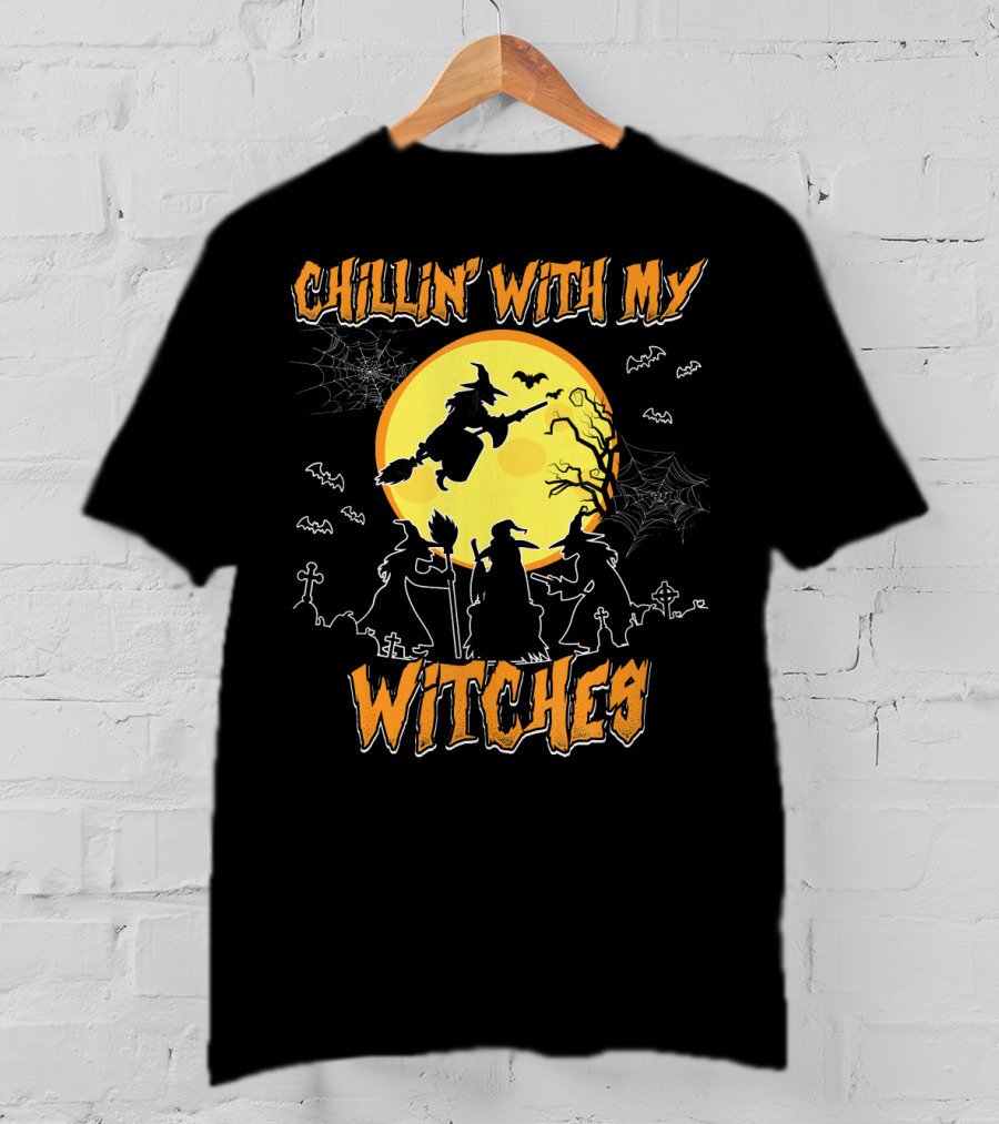Chillin With My Witches Full Moon Spooky Bats And Webs Scene T-Shirt