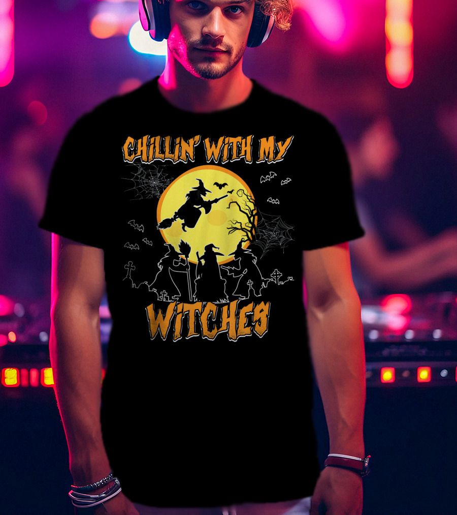 Chillin With My Witches Full Moon Spooky Bats And Webs Scene T-Shirt