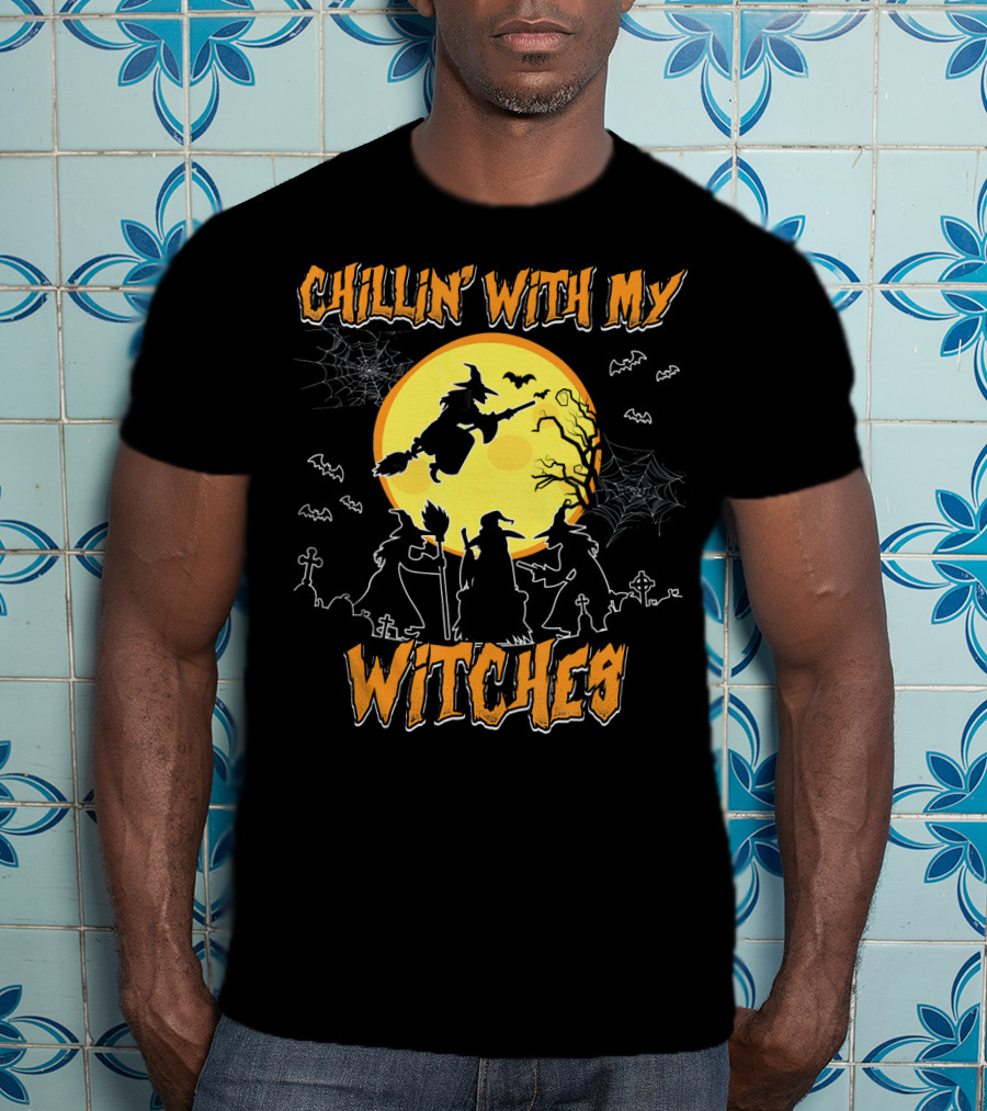 Chillin With My Witches Full Moon Spooky Bats And Webs Scene T-Shirt