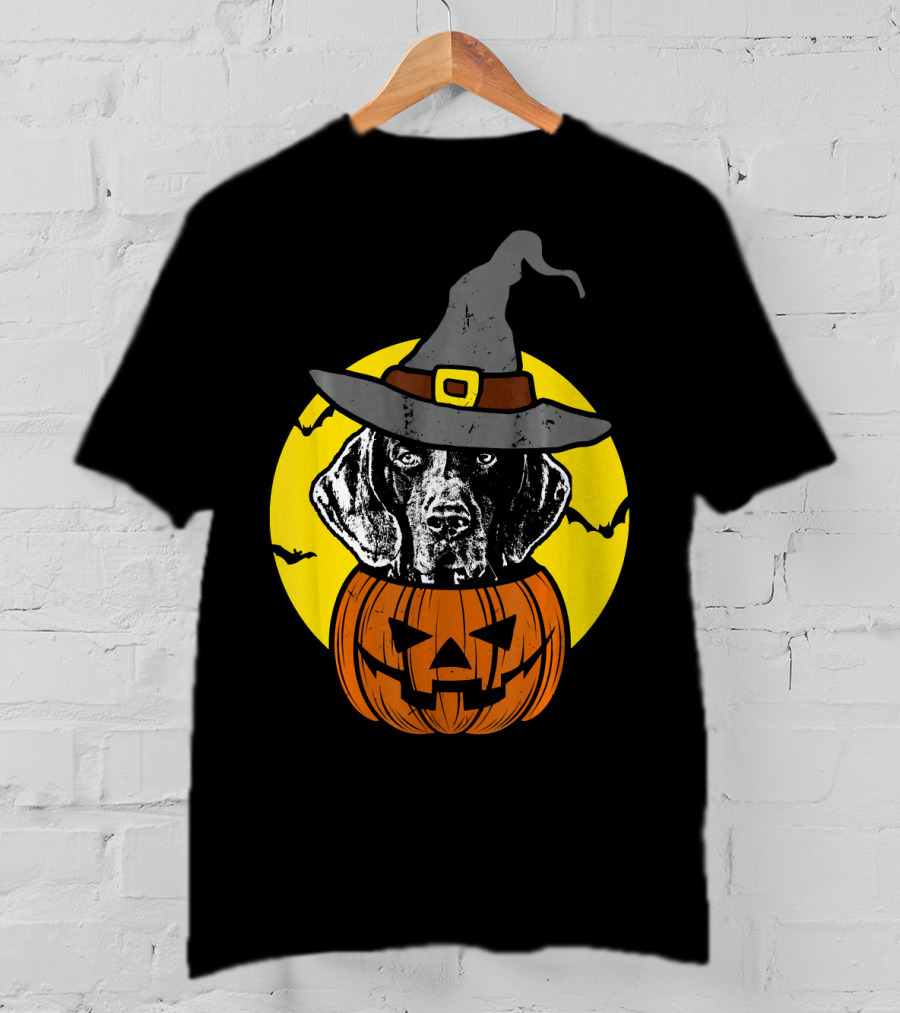 German Shorthaired Pointer Witch Hat Pumpkin Halloween Moon T-Shirt