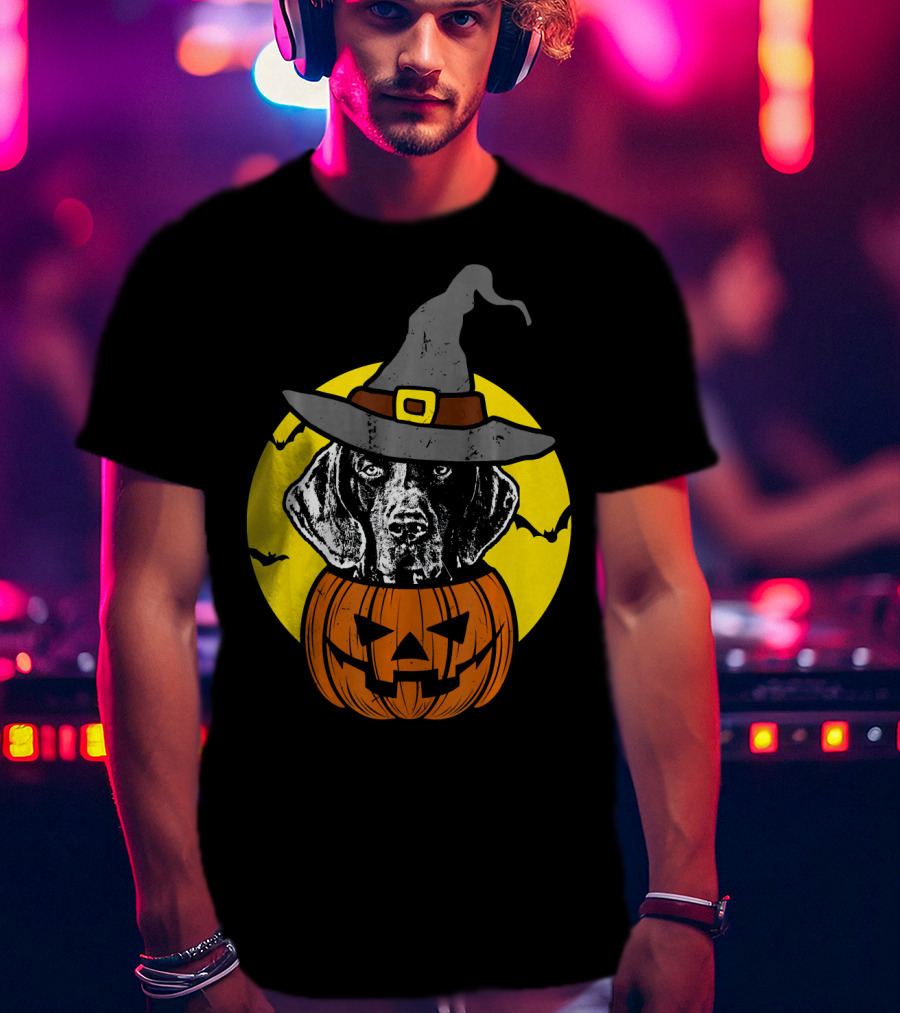 German Shorthaired Pointer Witch Hat Pumpkin Halloween Moon T-Shirt