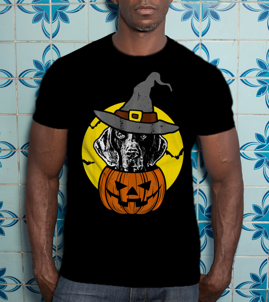 German Shorthaired Pointer Witch Hat Pumpkin Halloween Moon T-Shirt