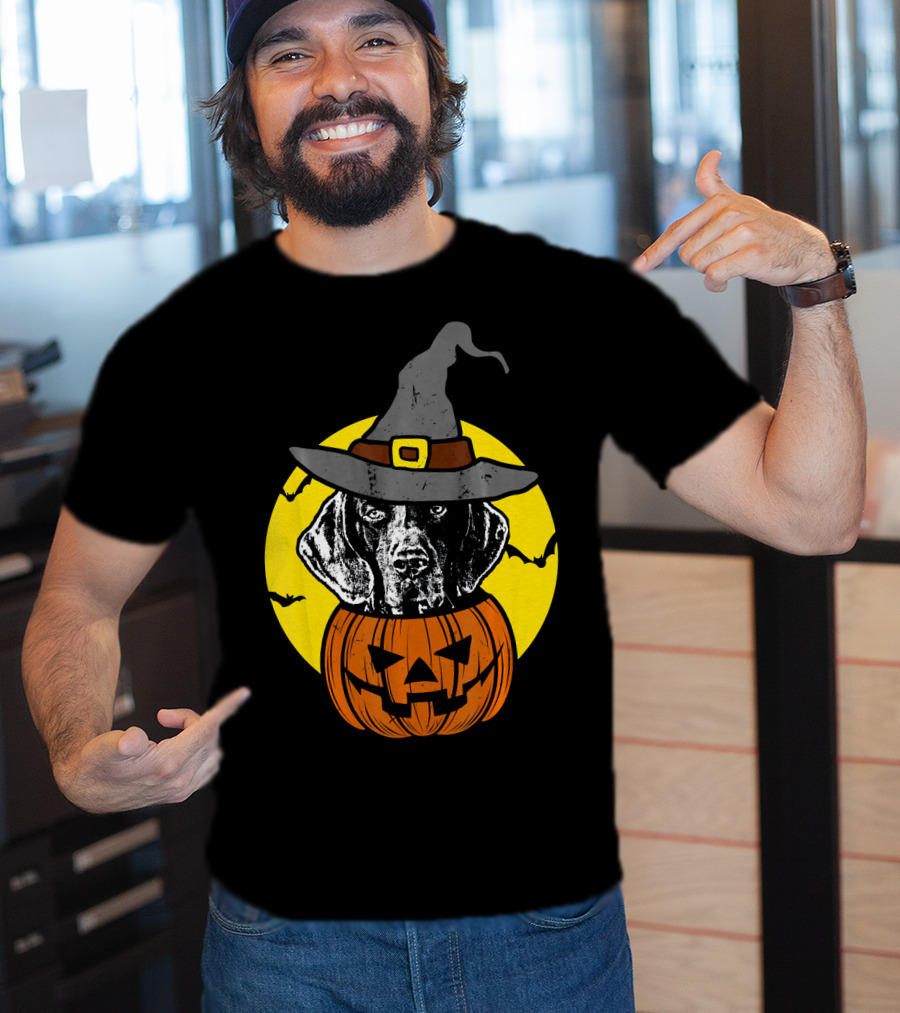 German Shorthaired Pointer Witch Hat Pumpkin Halloween Moon T-Shirt
