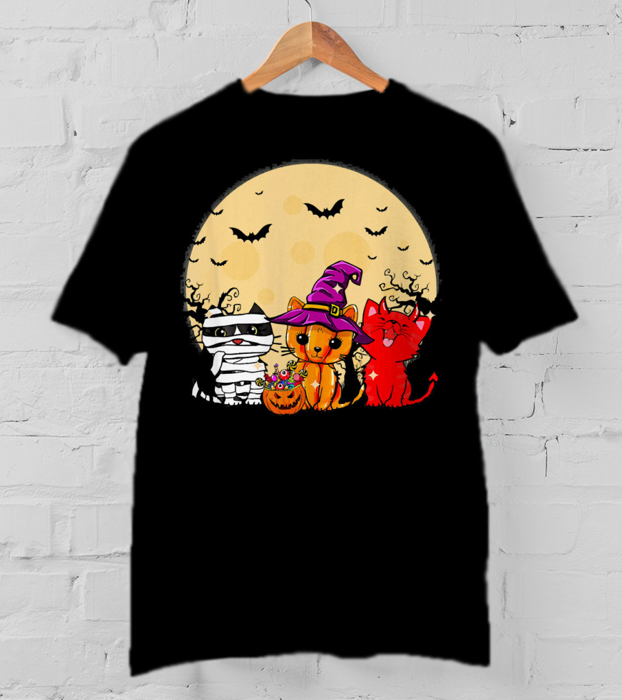 Three Cats Halloween Moon Bats Mummy Witch Devil T-Shirt
