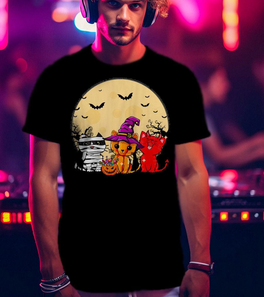 Three Cats Halloween Moon Bats Mummy Witch Devil T-Shirt