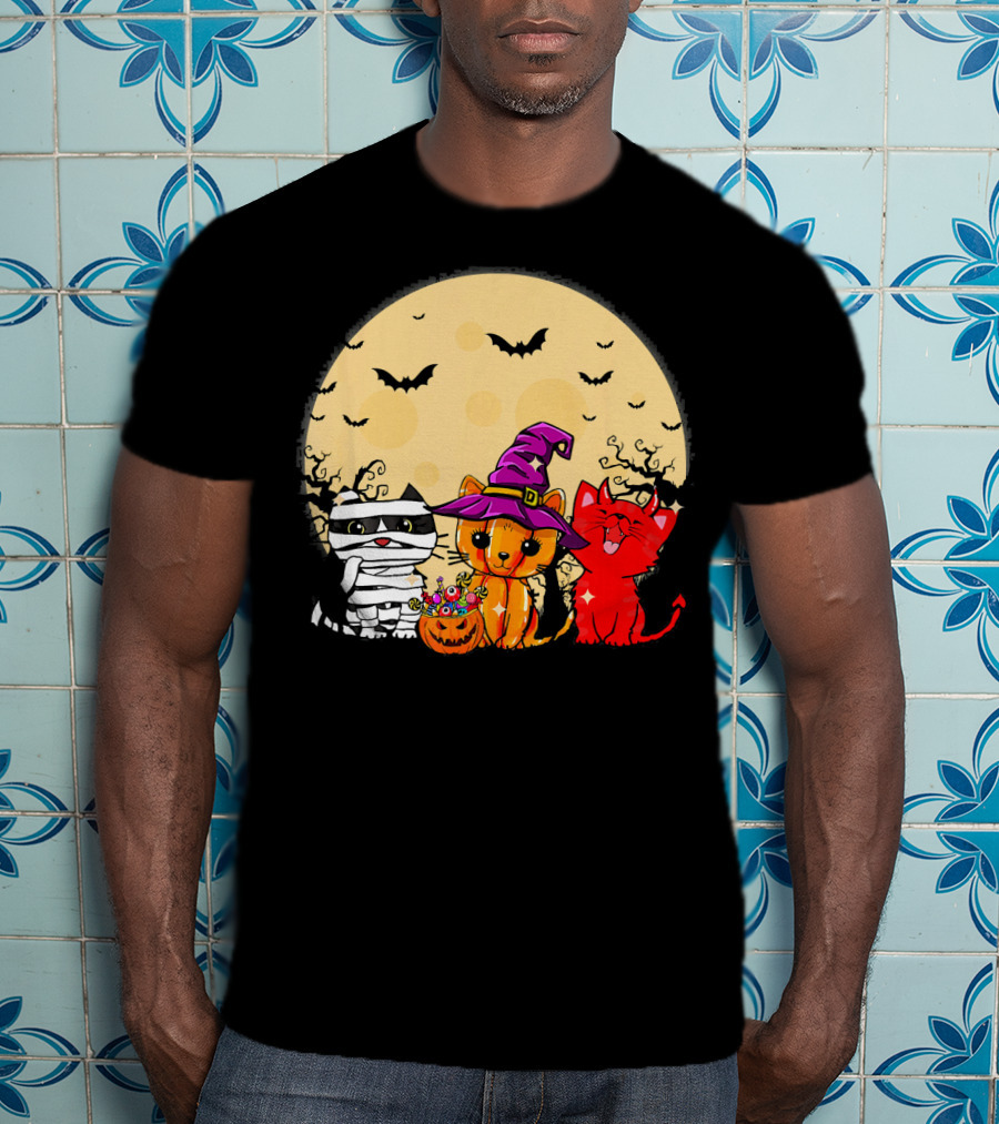 Three Cats Halloween Moon Bats Mummy Witch Devil T-Shirt