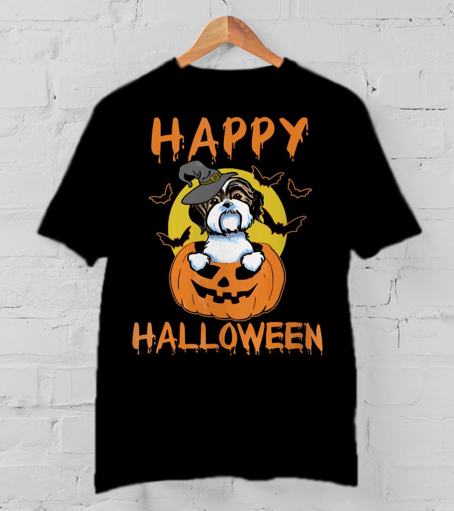 Happy Halloween Shih Tzu Pumpkin With Witch Hat And Bats T-Shirt