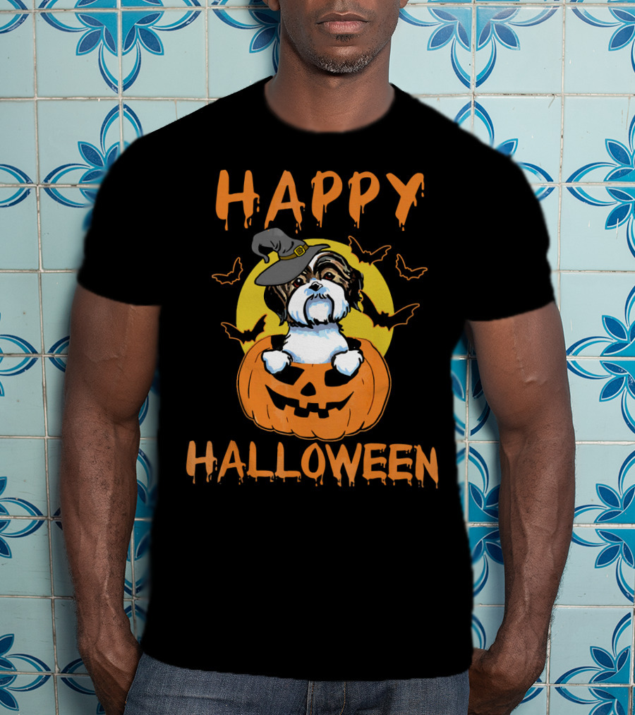 Happy Halloween Shih Tzu Pumpkin With Witch Hat And Bats T-Shirt