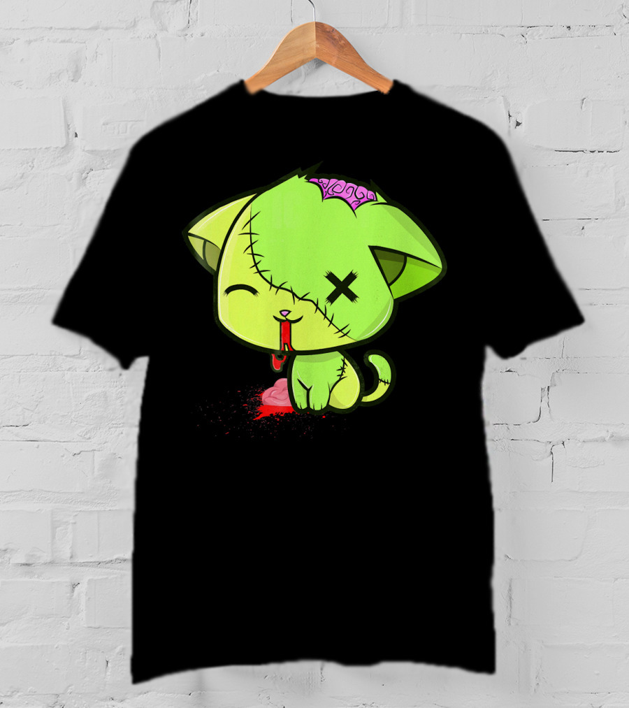 Cute Zombkitty Green Zombie Kitten Neon Brain T-Shirt