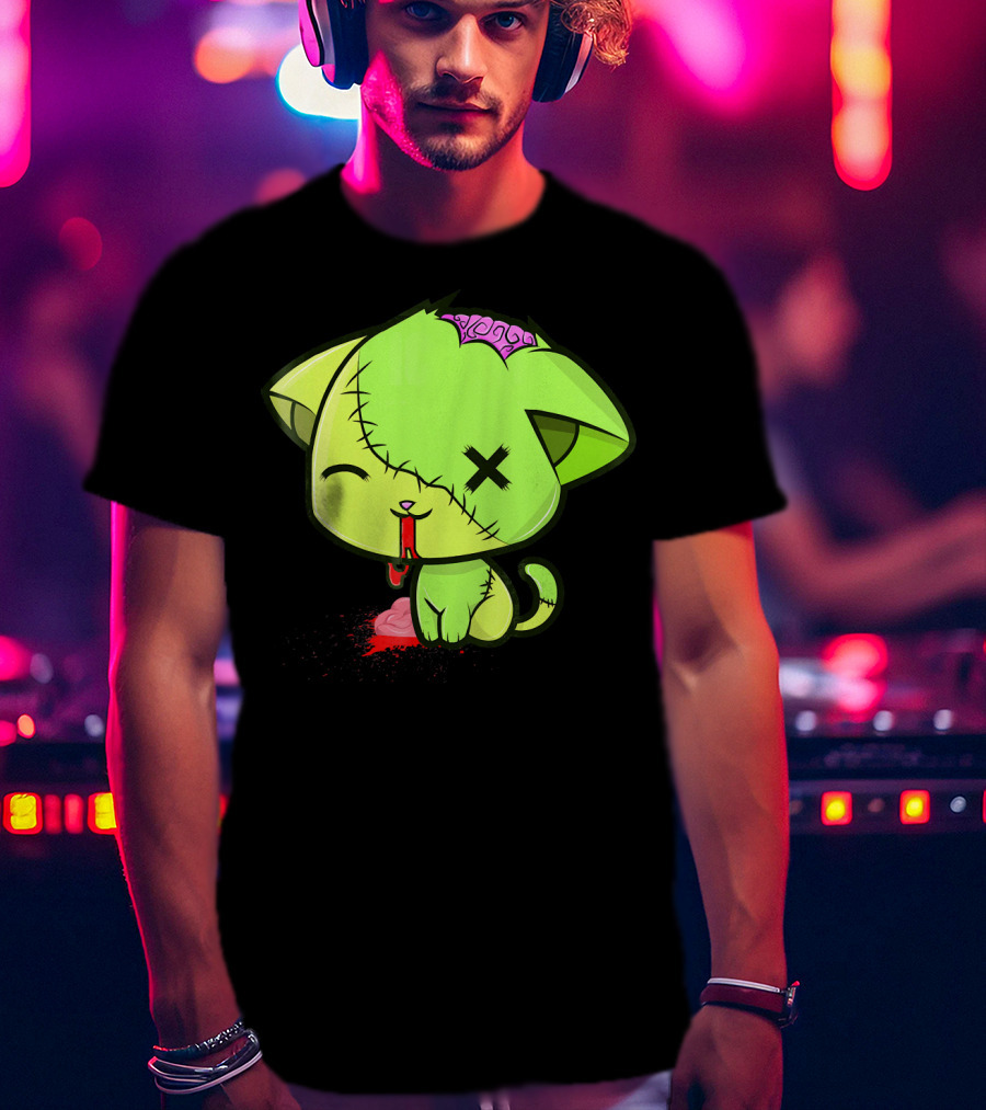 Cute Zombkitty Green Zombie Kitten Neon Brain T-Shirt