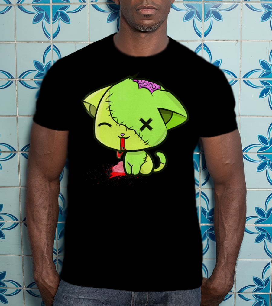 Cute Zombkitty Green Zombie Kitten Neon Brain T-Shirt
