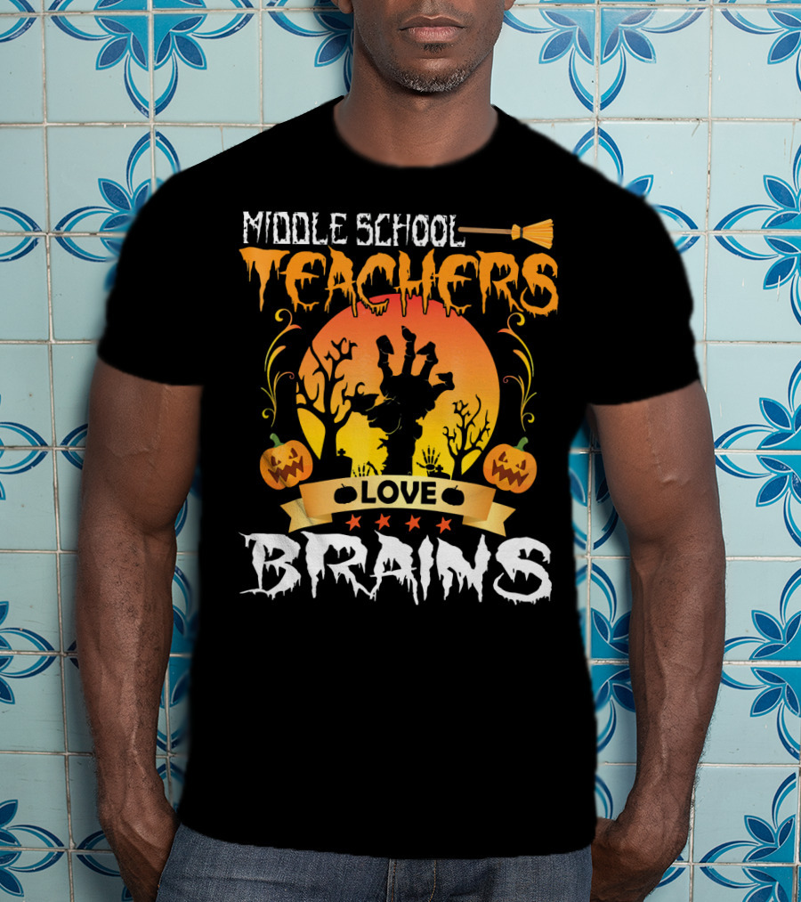 Middle School Teachers Love Brains Moon Tomb Pumpkin T-Shirt