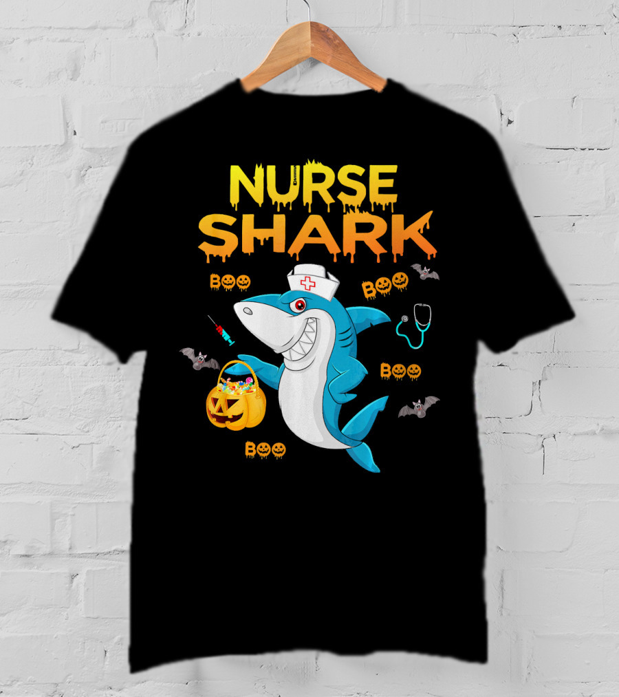 Nurse Shark Halloween Boo Pumpkin Bats Stethoscope T-Shirt