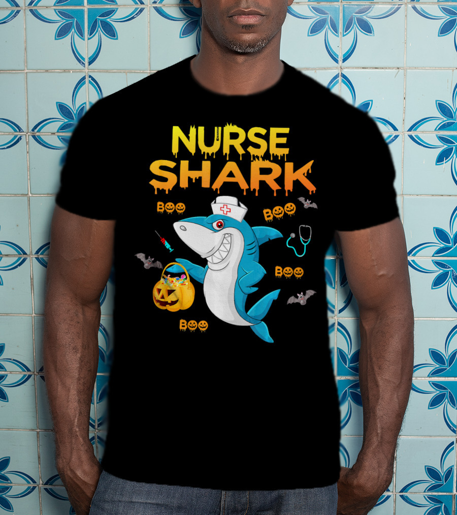 Nurse Shark Halloween Boo Pumpkin Bats Stethoscope T-Shirt