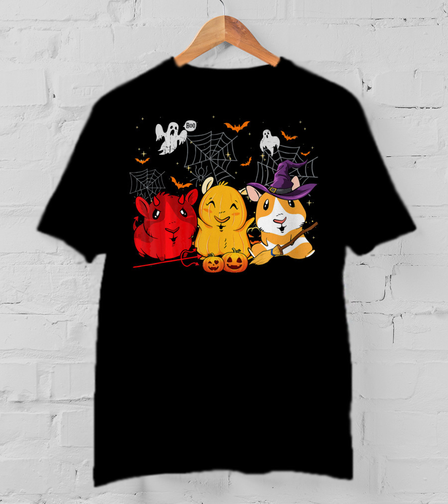 Halloween Funny Guinea Pigs In Costumes With Ghosts And Spiderwebs T-Shirt