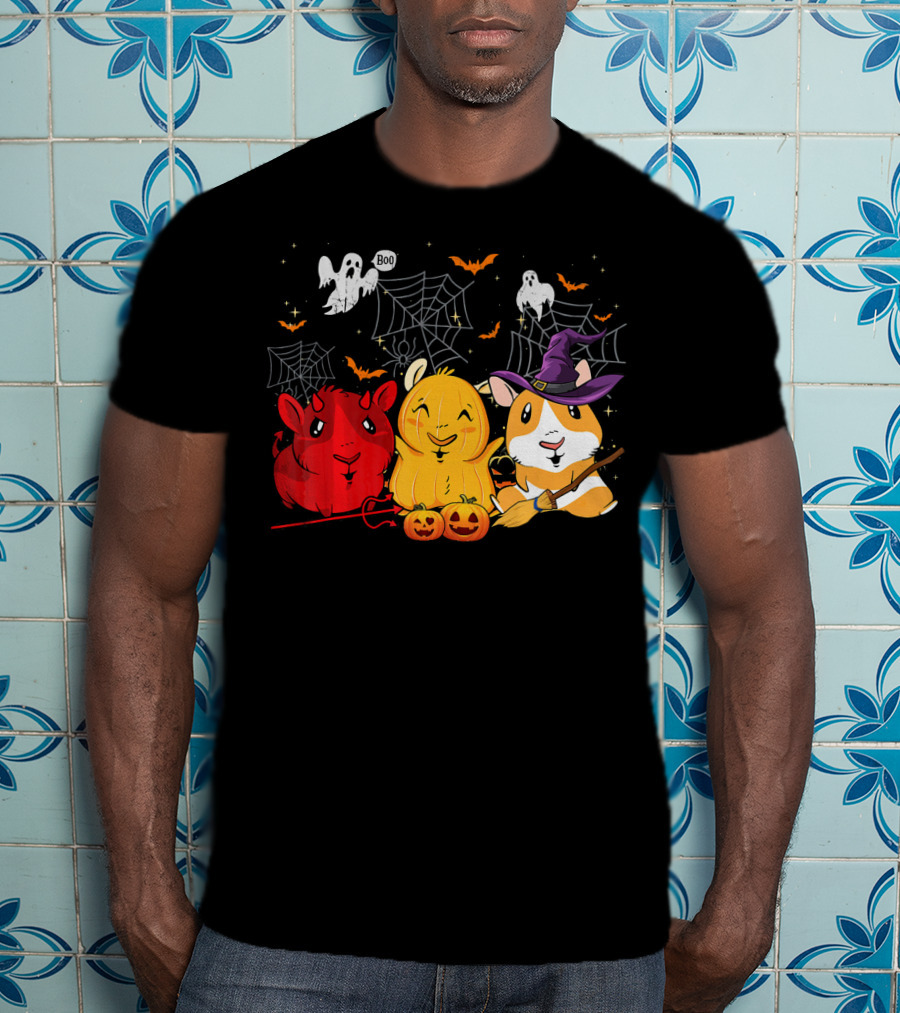 Halloween Funny Guinea Pigs In Costumes With Ghosts And Spiderwebs T-Shirt