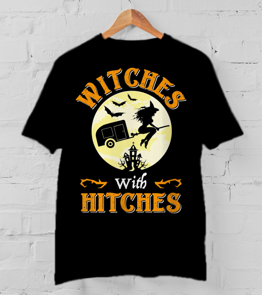 Witches With Hitches Halloween Camper Moon Bats And Witch Hat Broomstick T-Shirt