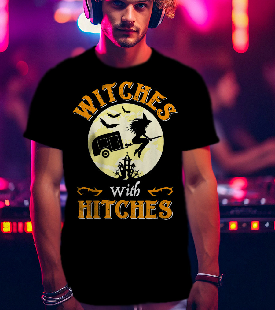 Witches With Hitches Halloween Camper Moon Bats And Witch Hat Broomstick T-Shirt