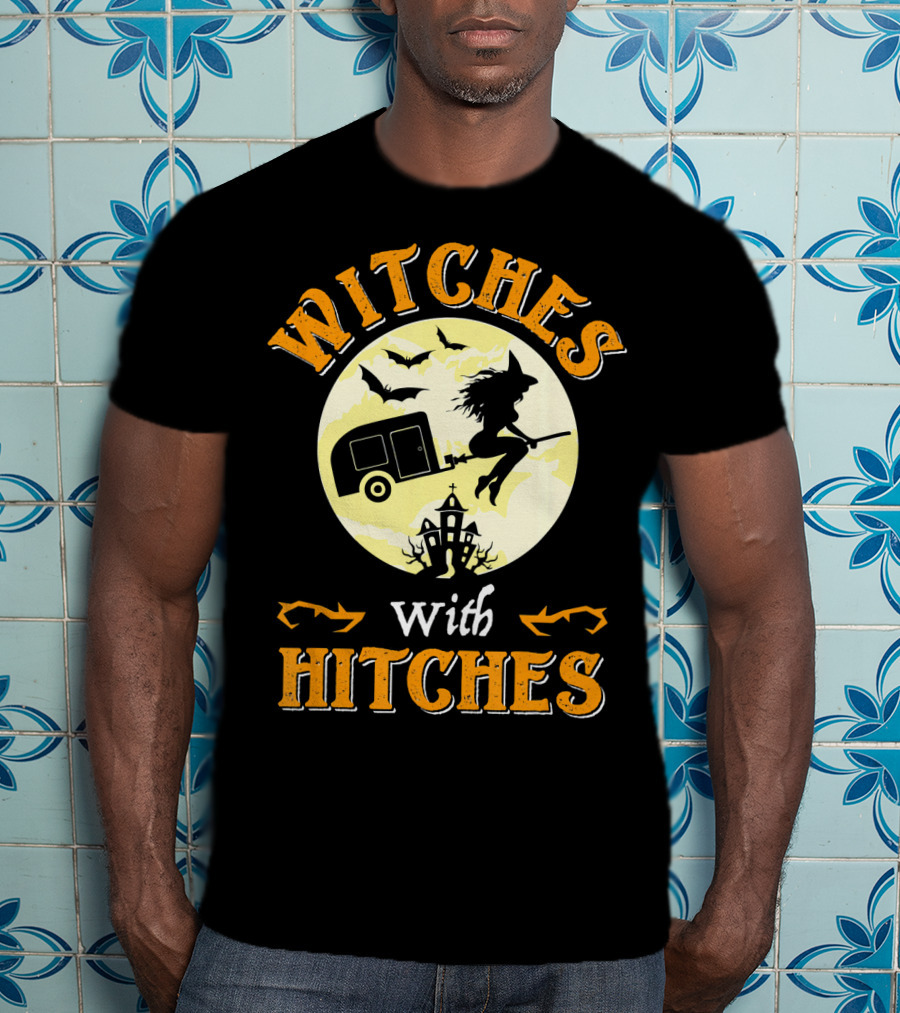 Witches With Hitches Halloween Camper Moon Bats And Witch Hat Broomstick T-Shirt