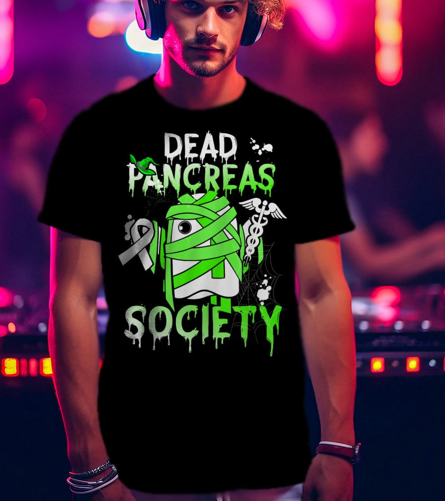 Dead Pancreas Society Halloween Ghost Design With Green Mummy And Medical Symbols T-Shirt