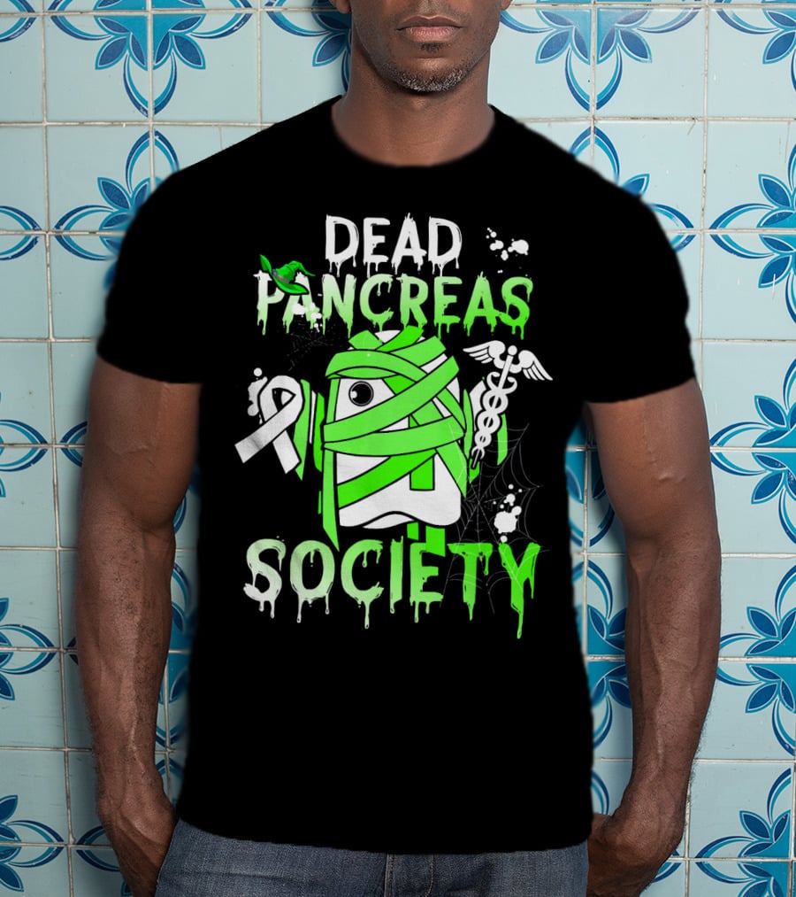 Dead Pancreas Society Halloween Ghost Design With Green Mummy And Medical Symbols T-Shirt
