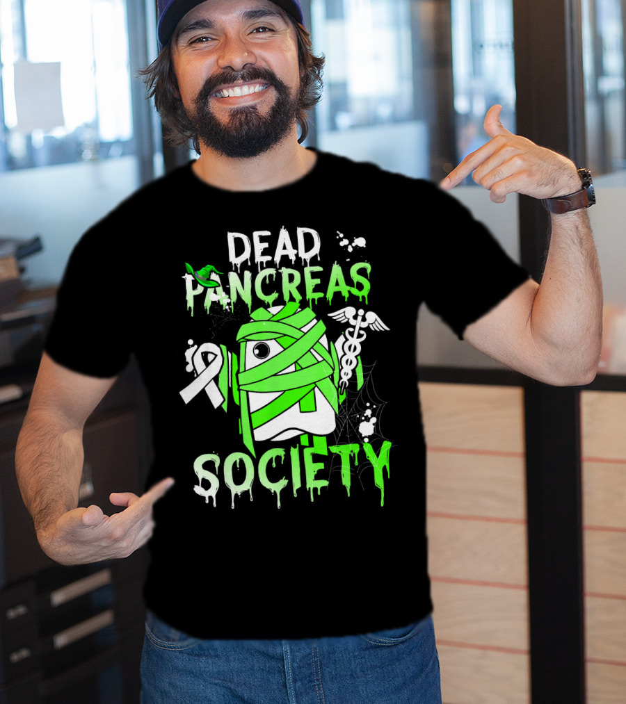 Dead Pancreas Society Halloween Ghost Design With Green Mummy And Medical Symbols T-Shirt