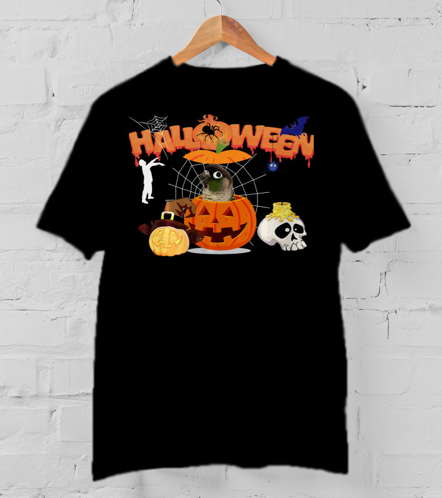 Halloween Green Cheek Conure Pumpkin Witch Zombie Skull Spiderweb T-Shirt