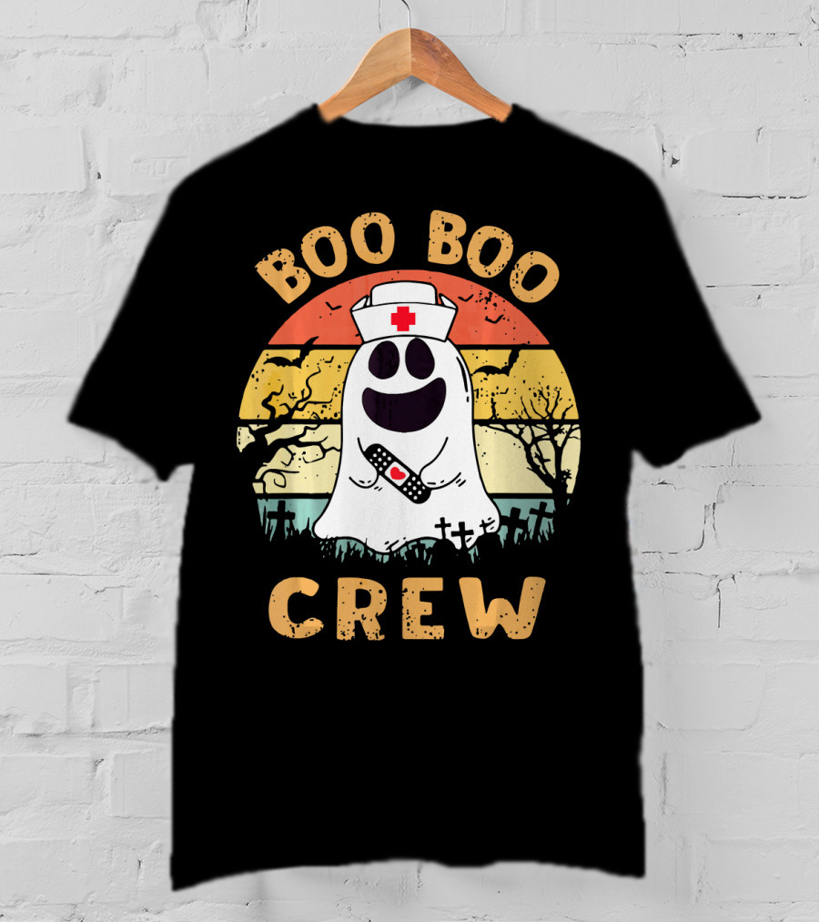 Vintage Halloween Boo Boo Crew Ghost Nurse With Bandage T-Shirt