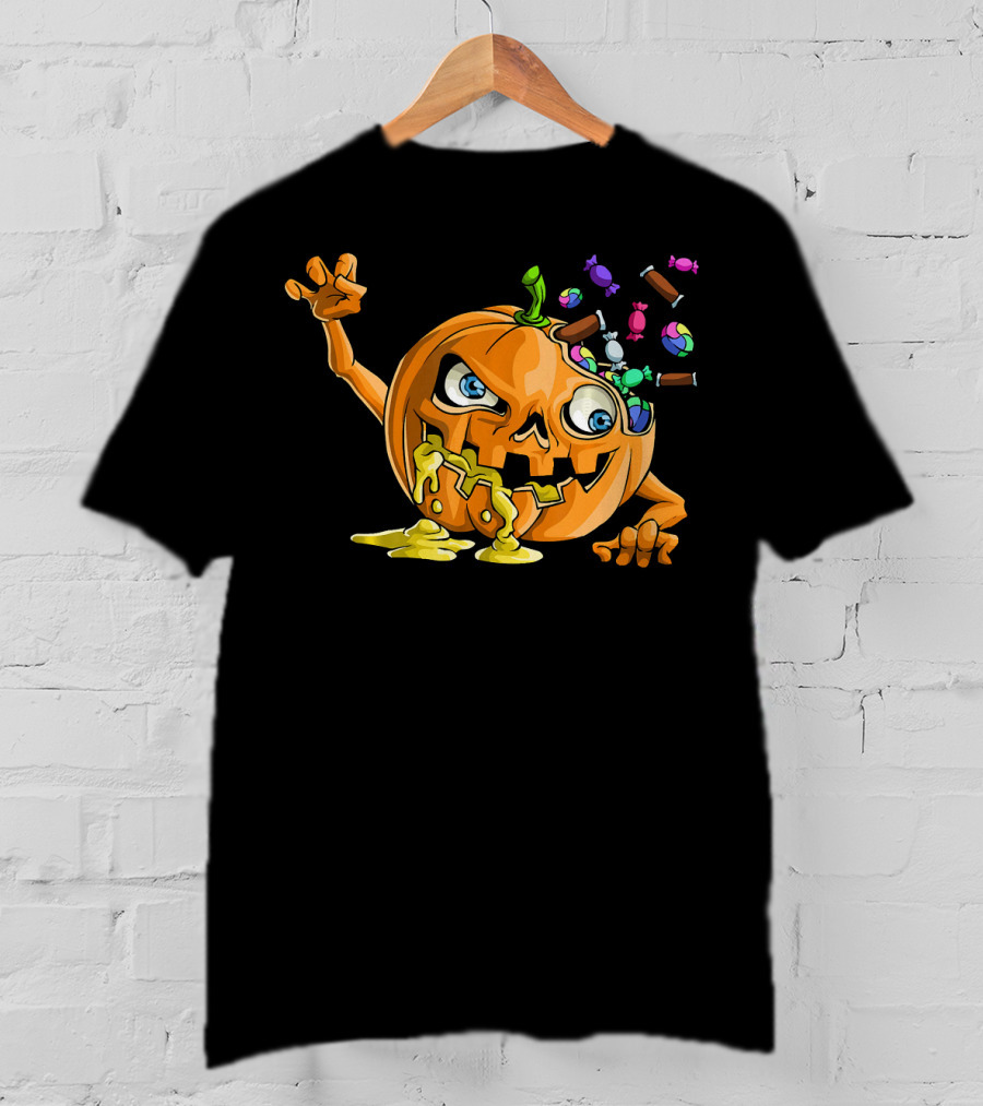 Zombie Pumpkin Funny Halloween Horror Scary Candy Explosion T-Shirt