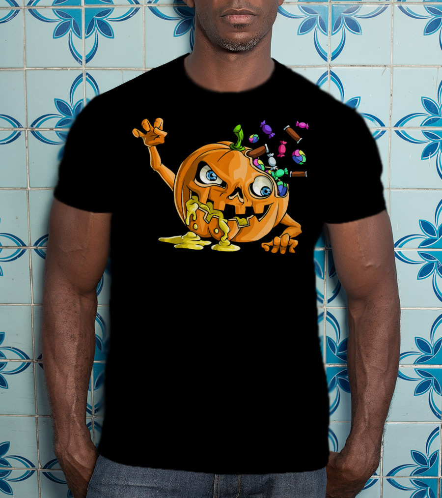 Zombie Pumpkin Funny Halloween Horror Scary Candy Explosion T-Shirt