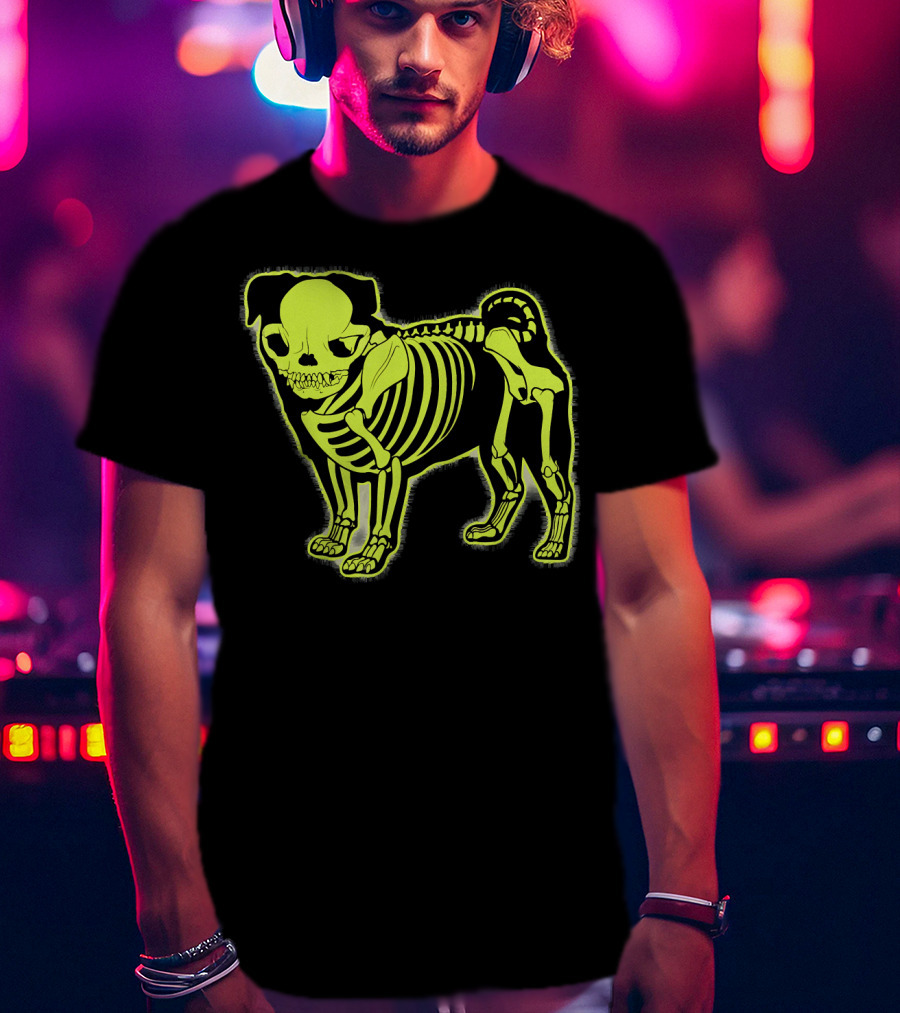 Pug Skeleton Neon Glow Canine Bones T-Shirt